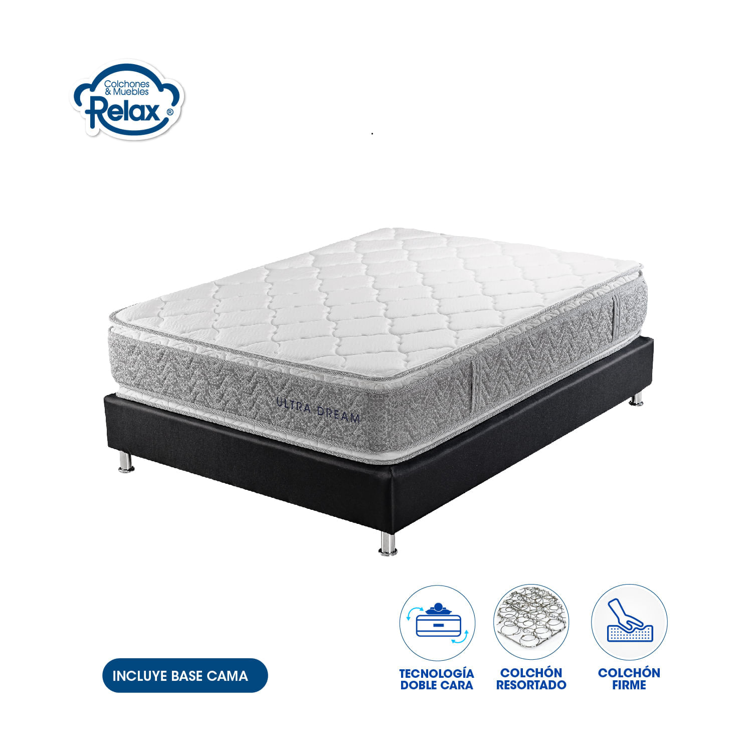 Imagen de Colchón Doble con Base Cama Ultra Dream Colchones Relax 140x190x32cm Resortado Firme MP colchon Ultra Dream doble + base cama lona kodra 140
