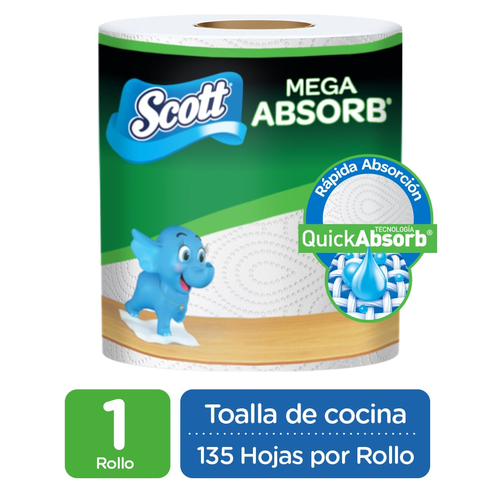 Toalla de Papel Desechable Scott Mega Absorbente 1 Rollo X135 Hojas