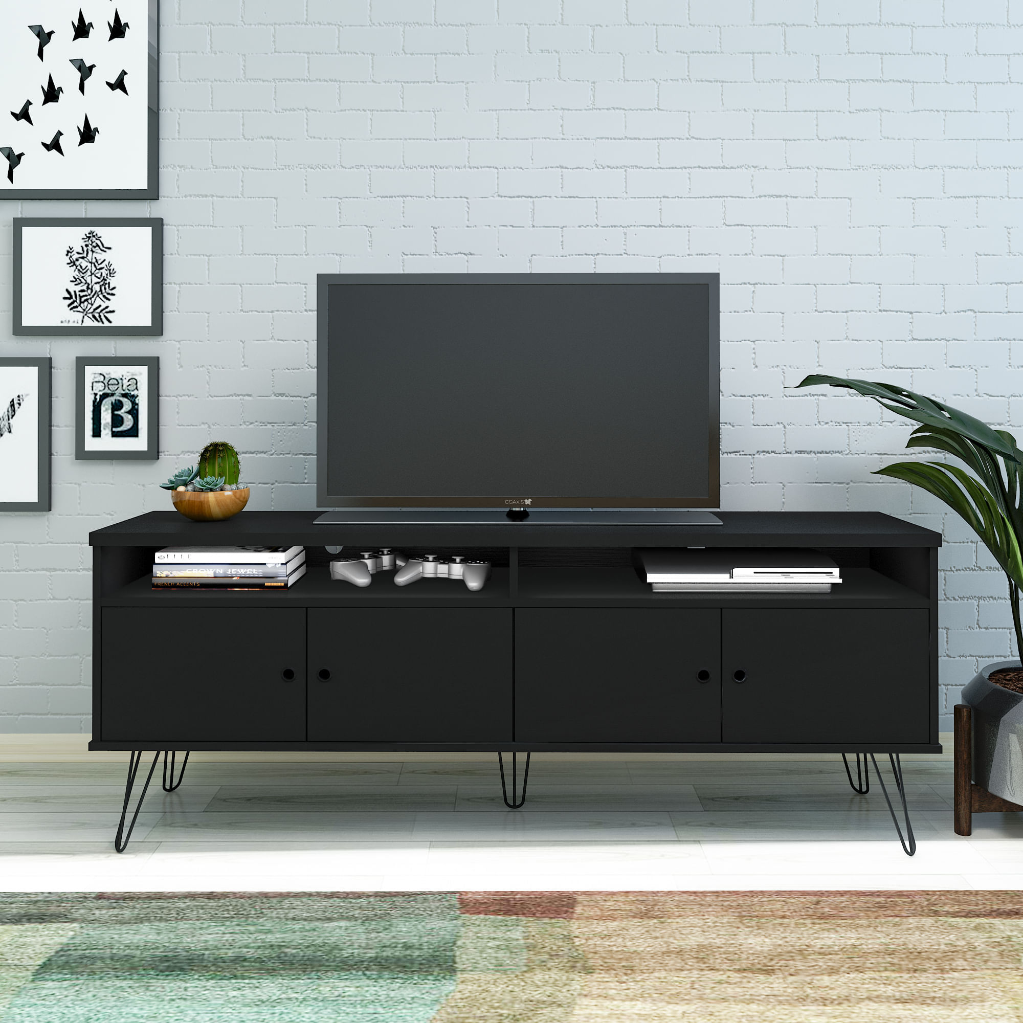 Imagen de Mueble de TV 60"  en MDP 160cm para de acero negro