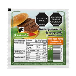 Hamburguesa de Res y Cerdo Colanta Preasada 400 G X4 Unds