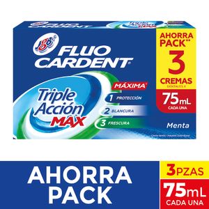 Crema Dental Fluocardent Triple Acción Max Ahorra Pack 75 Ml X3 Unds
