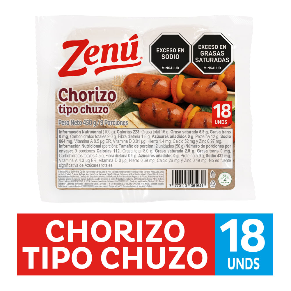 Imagen de Chorizo Zenú Tipo Chuzo 450 G CHORIZO ZENU TIPO CHUZO 450G