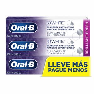 Crema Dental Oral B con Flúor 3D White Brilliant Fresh 107 Ml X3 Unds
