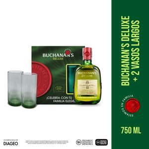 Pack Buchanan's Deluxe Whisky escocés 12 años 750 ml + 2 vasos largos de obsequio