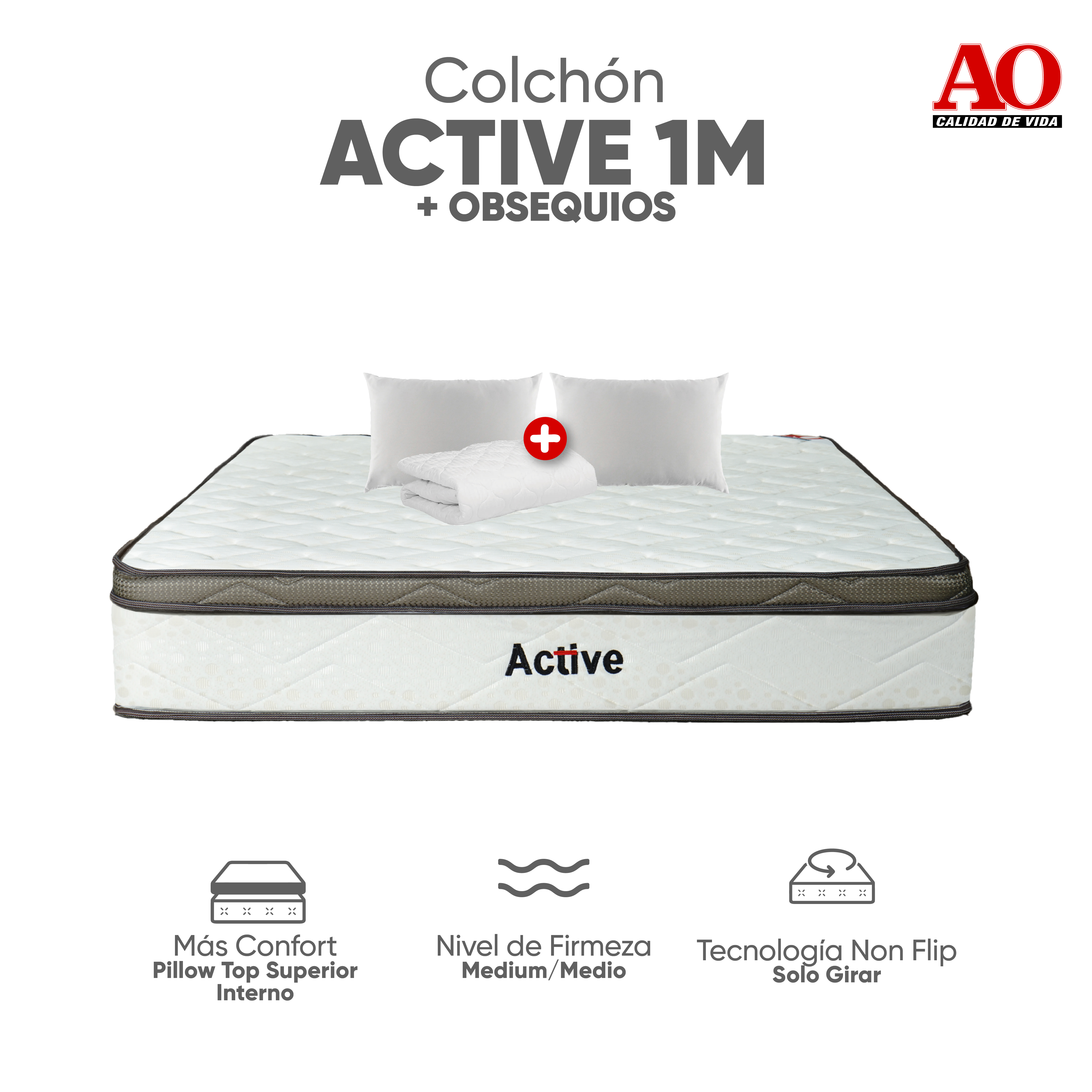 Imagen de Combo Colchon AO Active Sencillo 100 X 190 + Forro Protector + 1 Pomposita CM1832
