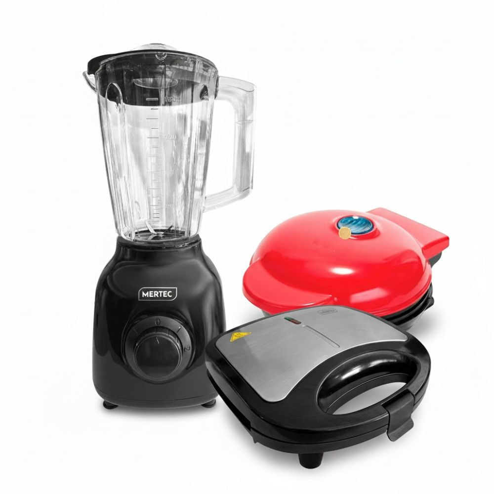 Imagen de Combo Licuadora 2 Lt MERTEC Vaso Plástico + Sanduchera Panini 180° + MiniWaflera Mertec 10005055-10005053-10003436