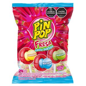 Chupetas PIN POP fresa con chicle surtido x24und (456 gr)