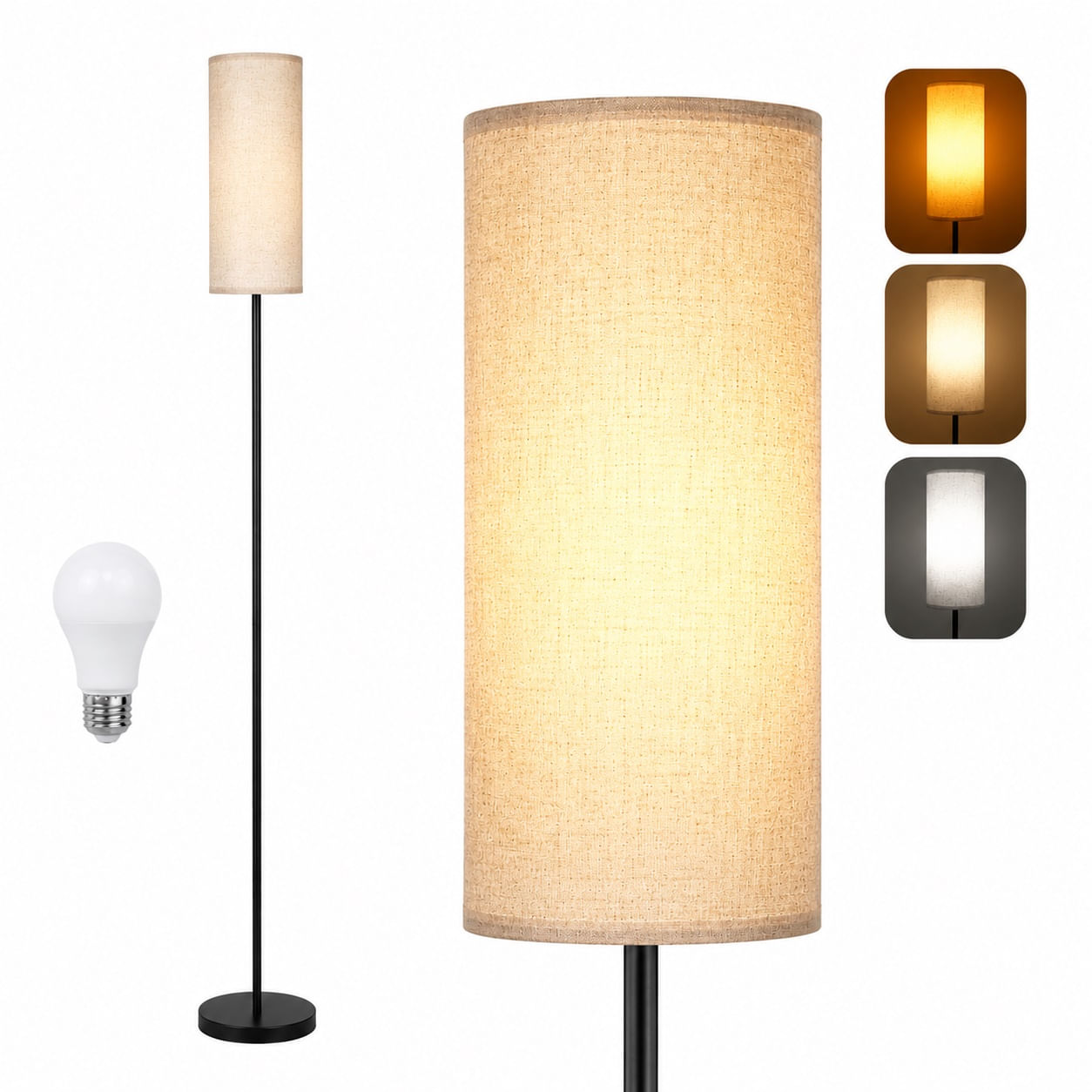 Lampara De Piso LED Moderna En Tela 185 cm 3 Tonos De Luz
