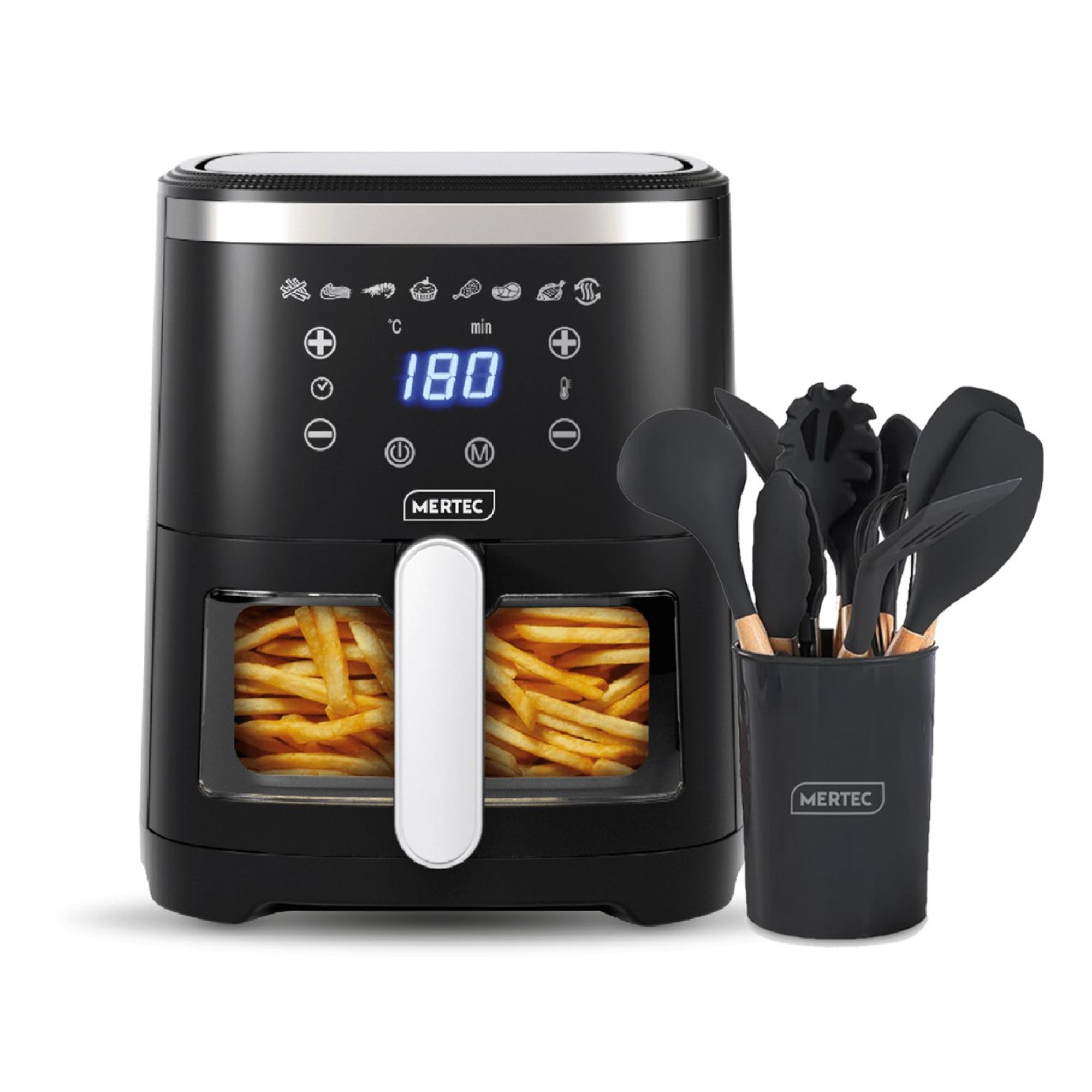 Combo Freidora de Aire Digital MERTEC 4.2L + Set de Utensilios de Cocina 12 piezas Negro