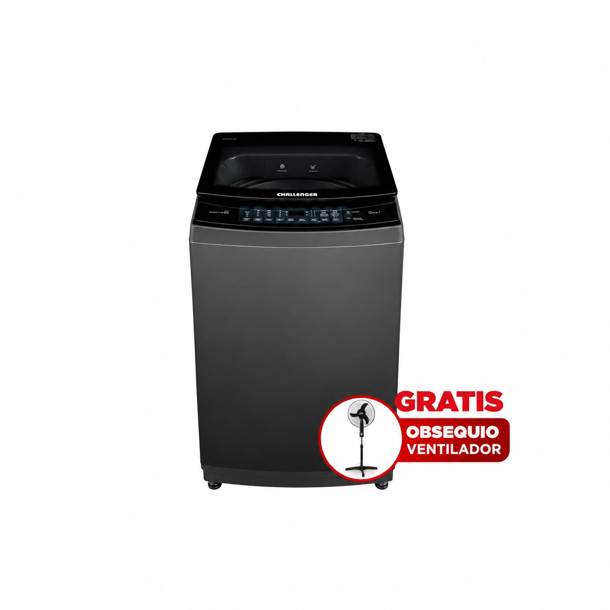 Imagen de Lavadora Challenger Carga Superior 18Kg (39 Libras) Automática Gris-Negro + Ventilador Pedestal 16" 3 Aspas Negro Lavadora Challenger Carga Superior 18Kg (39 Libras) Automática Gris-Negro CW5718DG