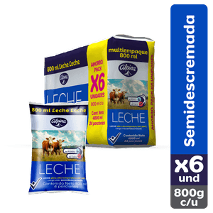 Leche Alpina * 6 Unidades Semidescremada 800 ml